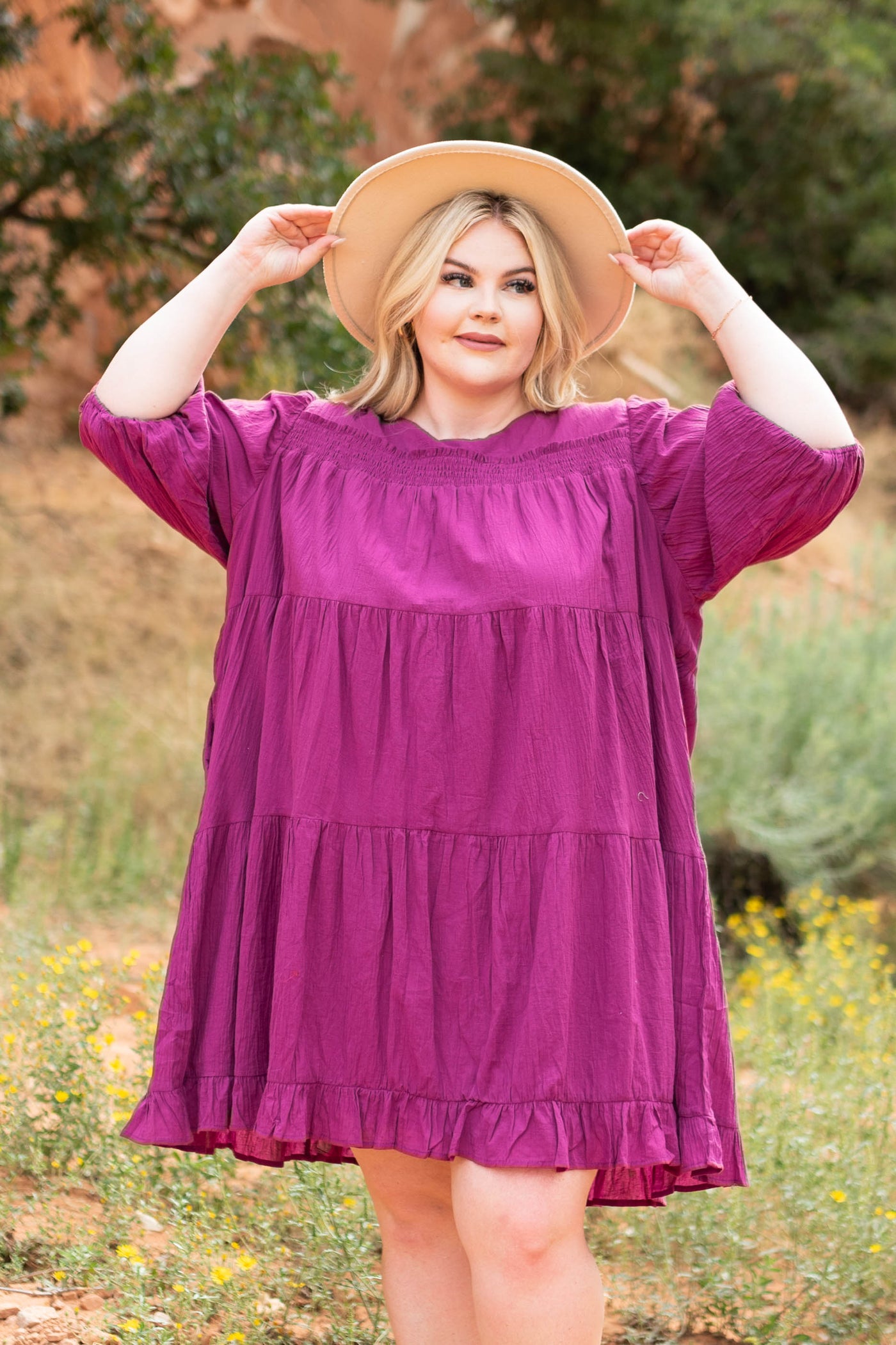 Front view of a knee length plus size berry dress