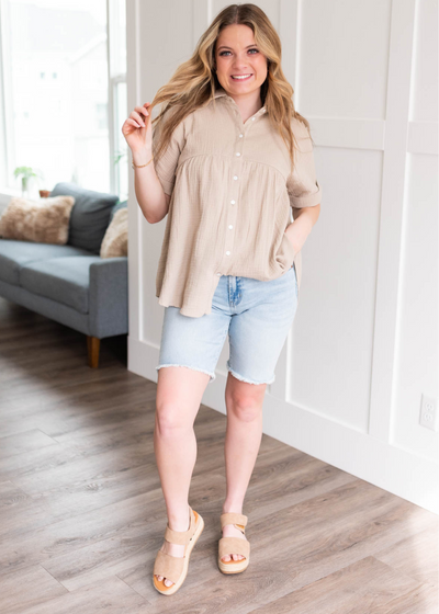 Taupe button down top