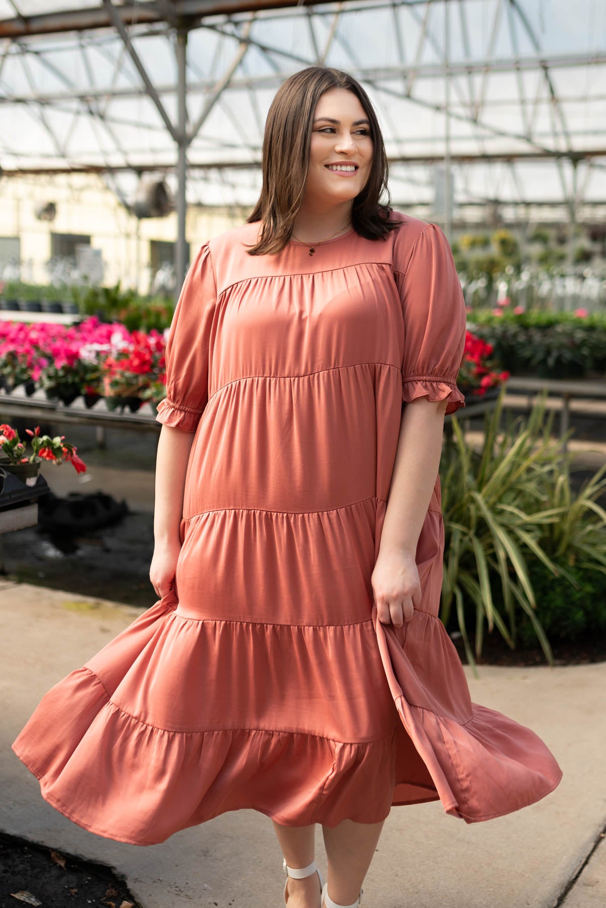 Plus size clay satin tiered dress with short sleeves