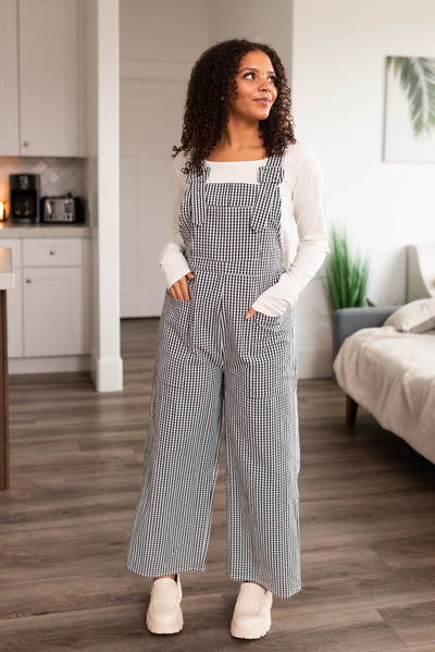 Wide leg black gingham overalls with pockets