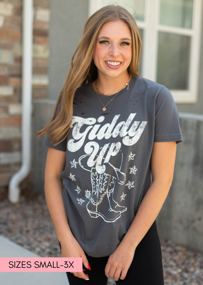 Graphic tee giddy up charcoal top
