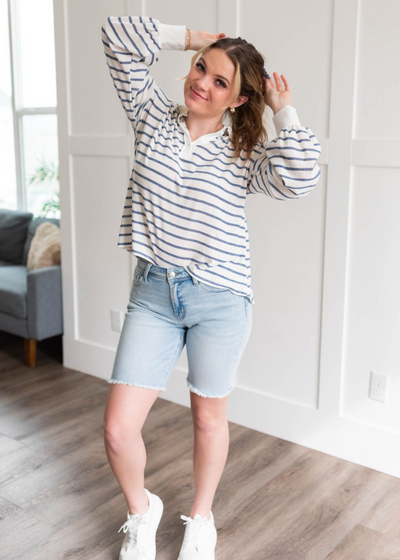 Navy striped top with long sleeves