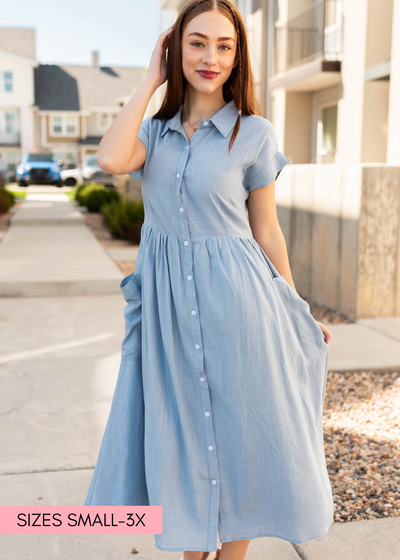 Blue button down dress with a collar