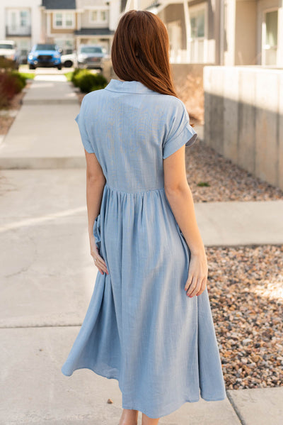 Back view of the blue button down dress