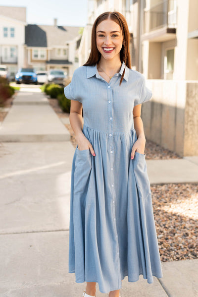 Short sleeve blue button down dress