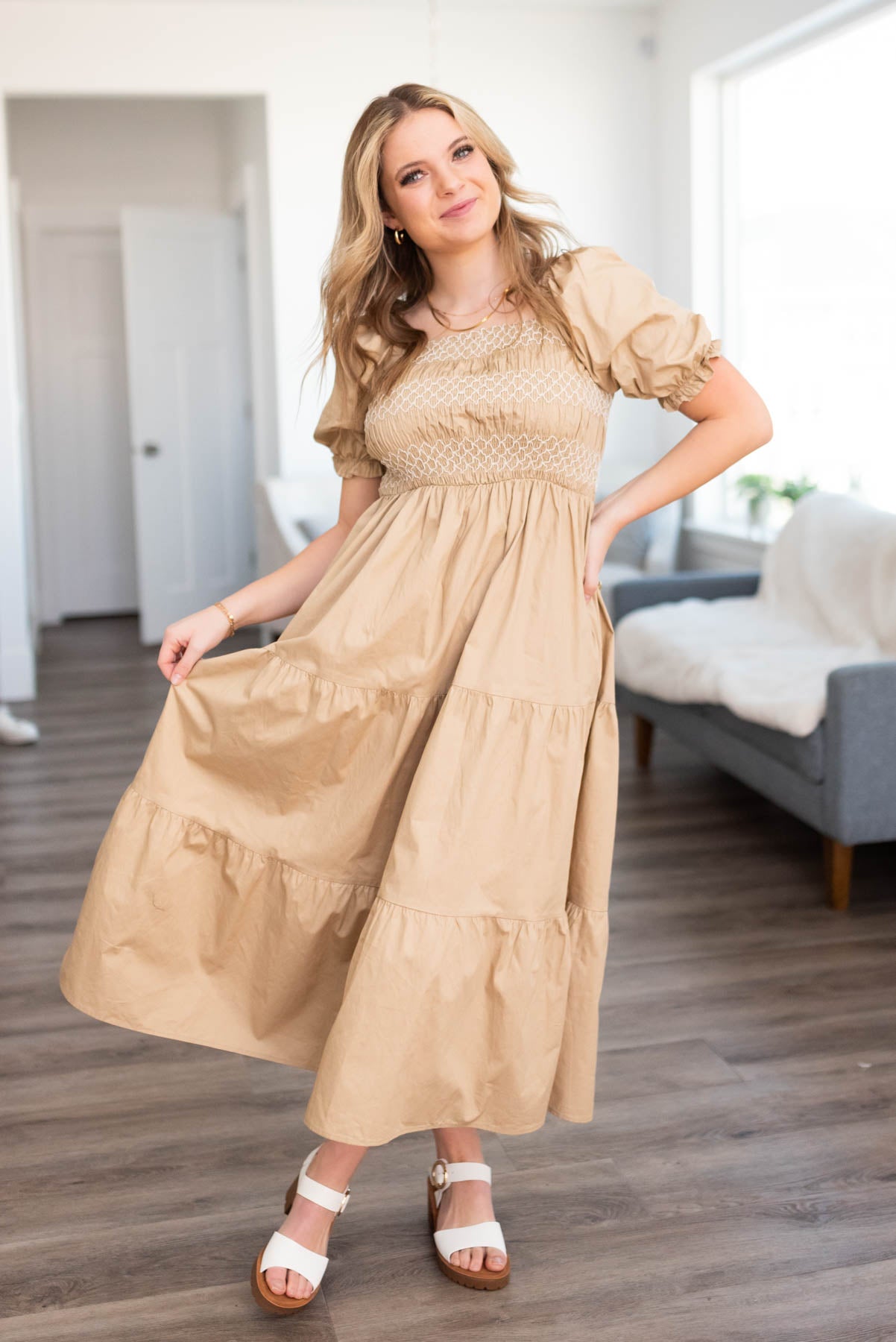 Short sleeve taupe dress with tiered skirt