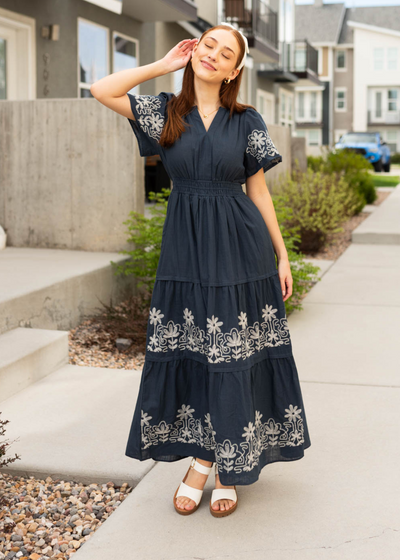 Short sleeve navy embroidered detail dress