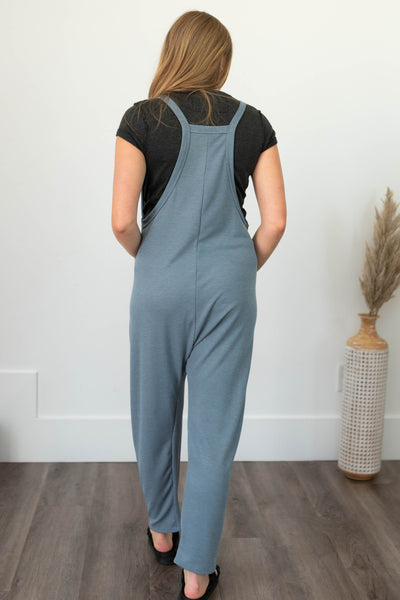 Back view of a chambray jumpsuit