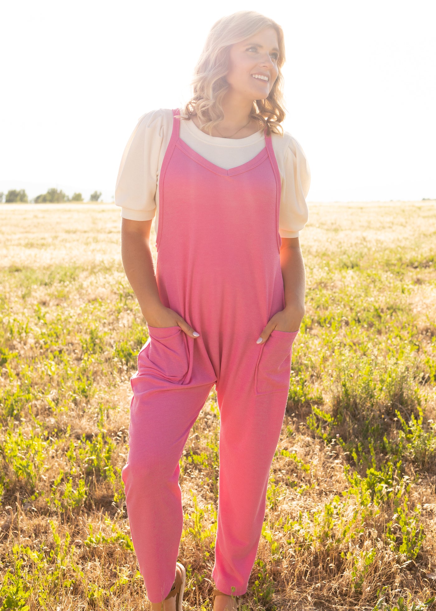 Hot pink jumpsuit with pockets