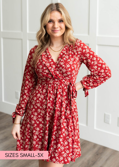 Wrap style red floral dress with long sleeves