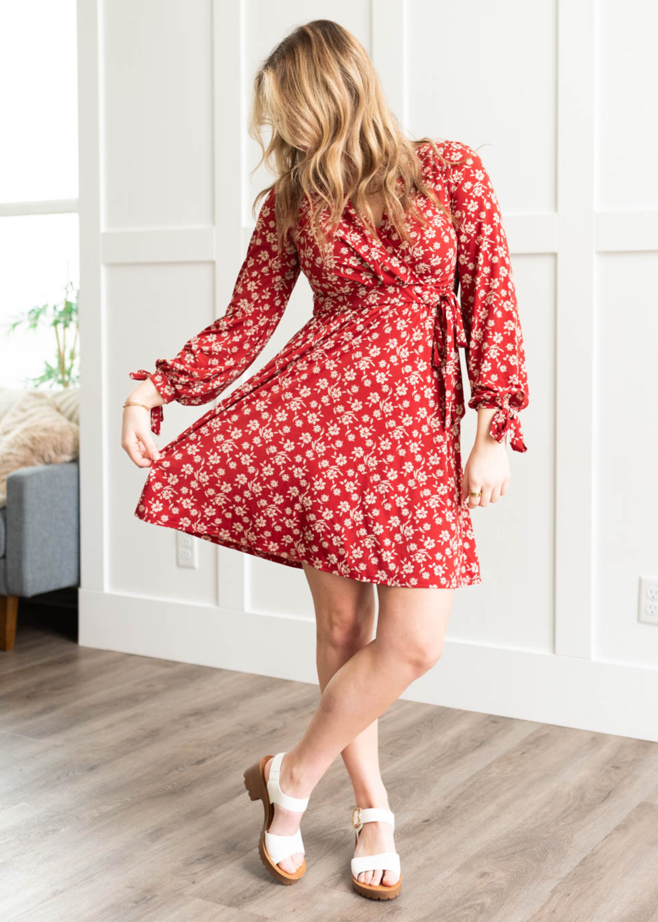 Red floral drees with long sleeves