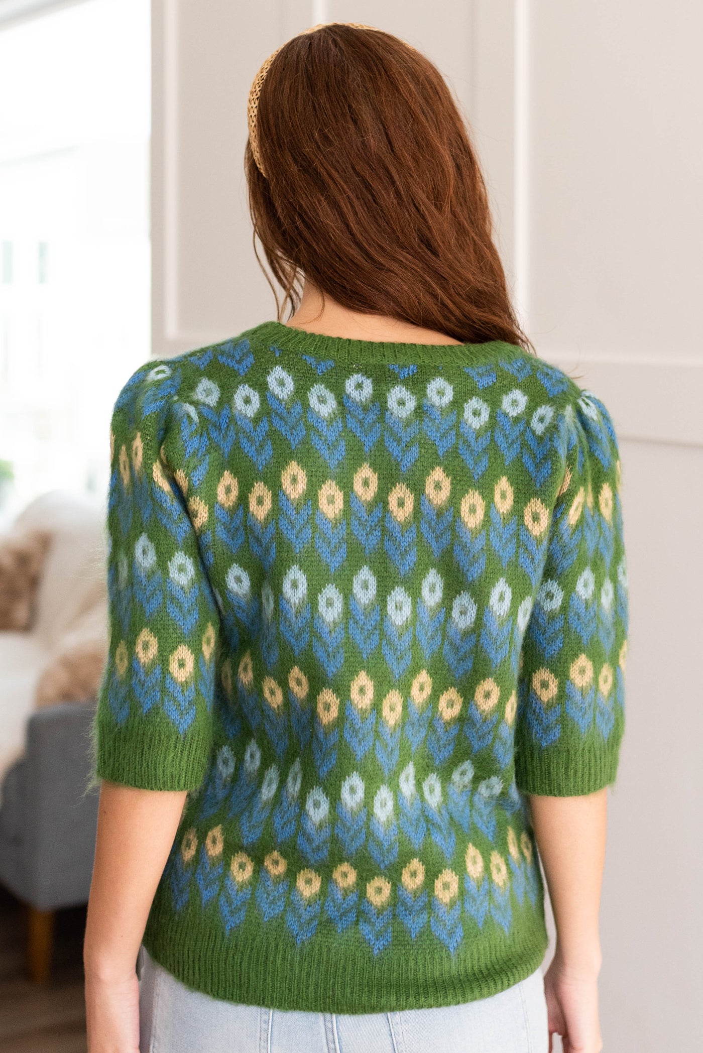 Back view of the green pattern top