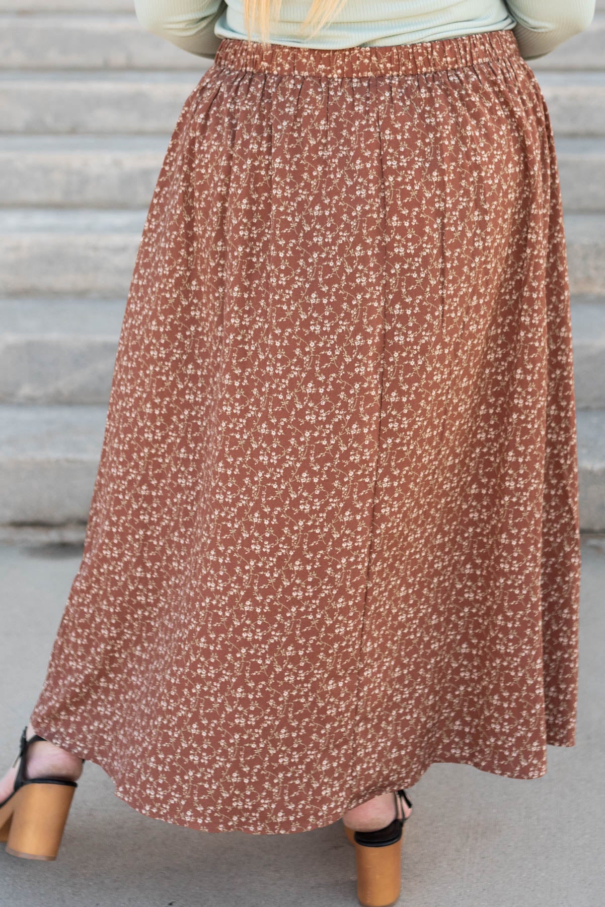 Back view of the plus size chestnut floral skirt