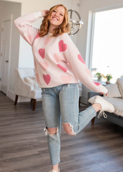 Pink heart sweater with long sleeves