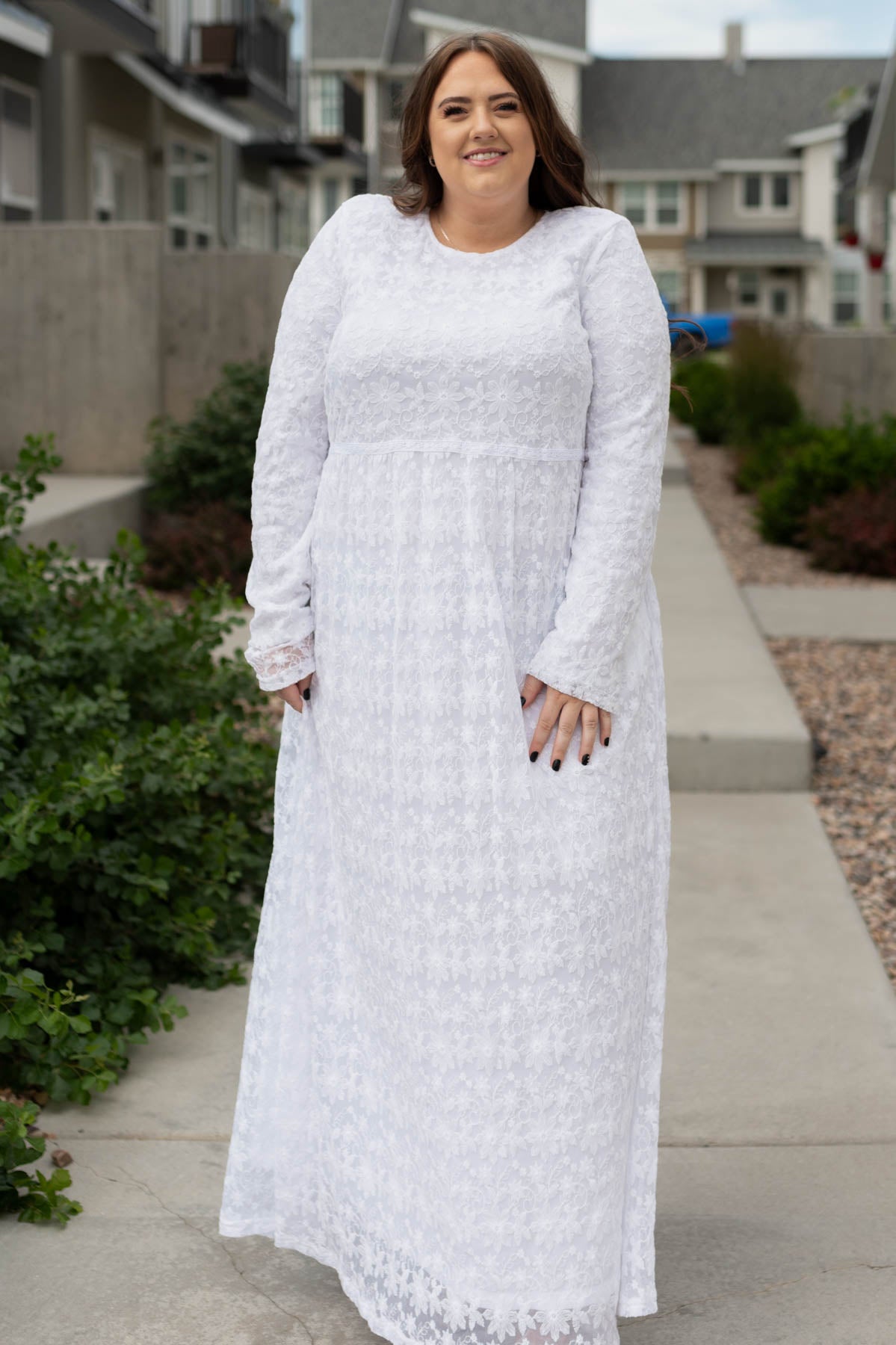 Plus size long white floral dress with long sleeves