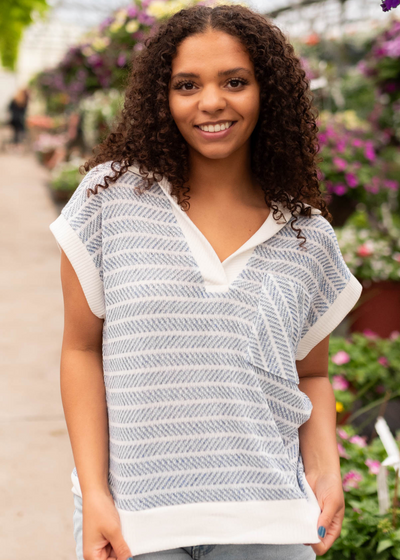 Blue striped vneck top with short sleeves