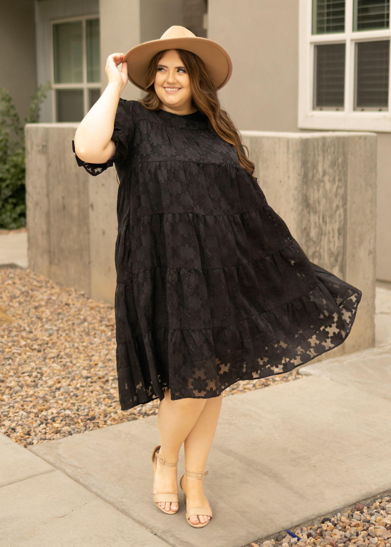 Short sleeve plus size black dress with black on black floral pattern