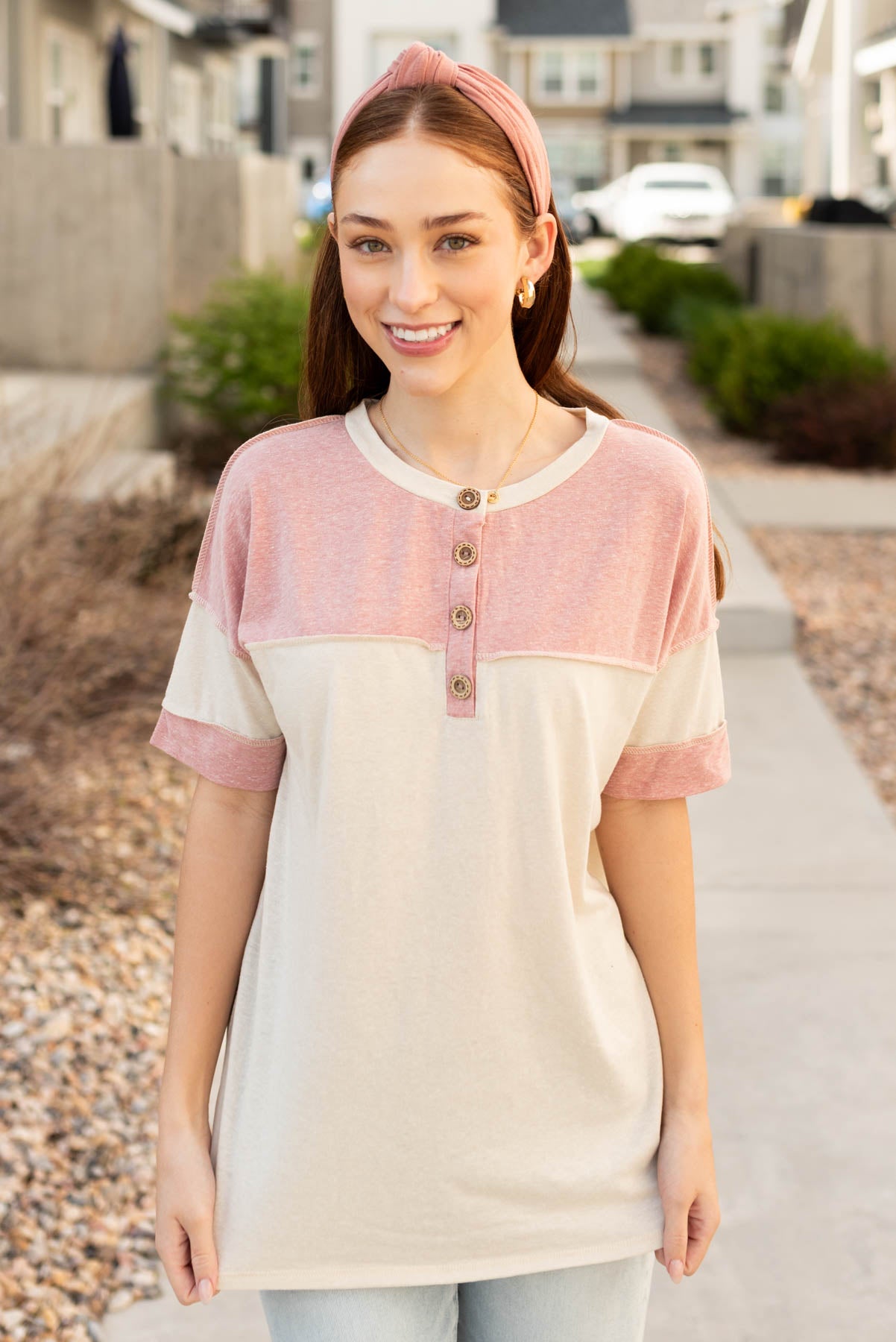 ream and mauve color block top