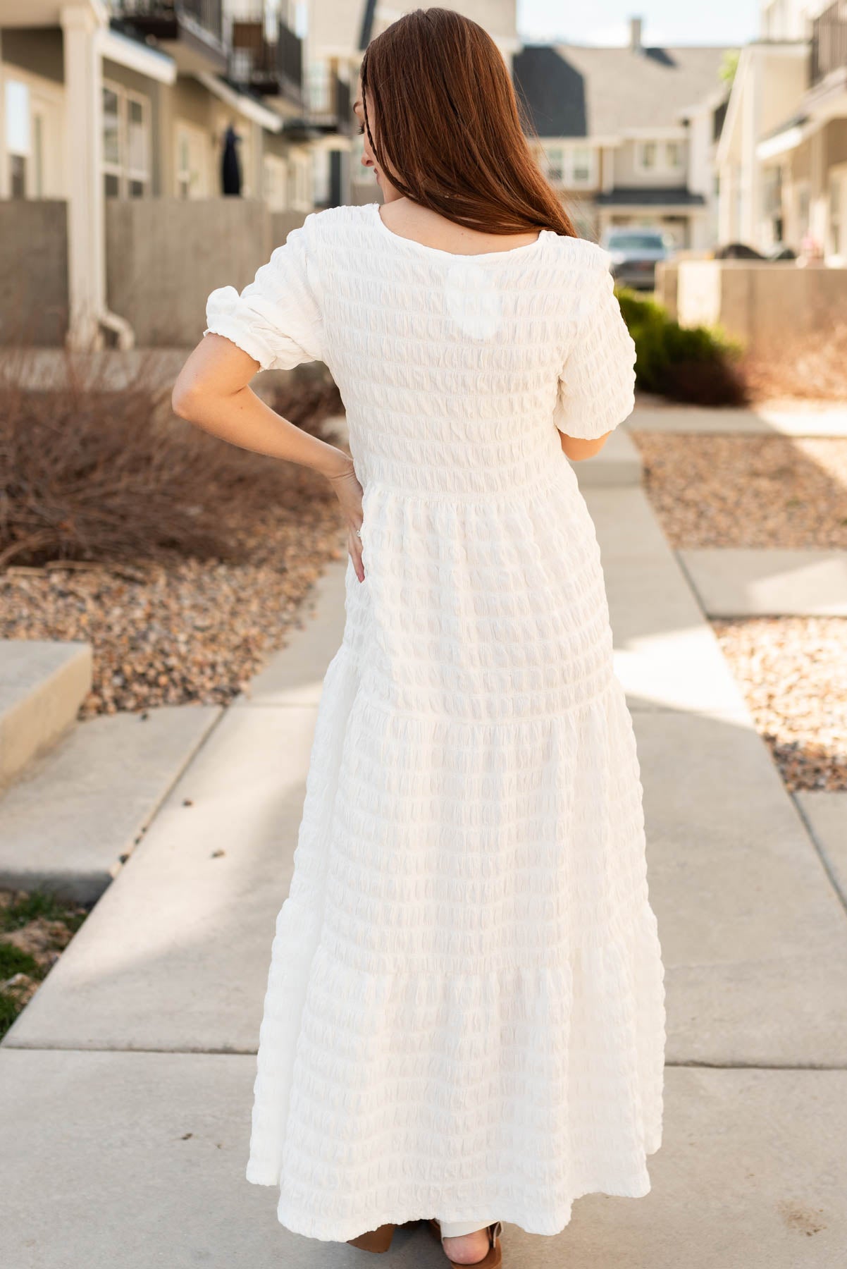 Back view of the white textured maxi dress