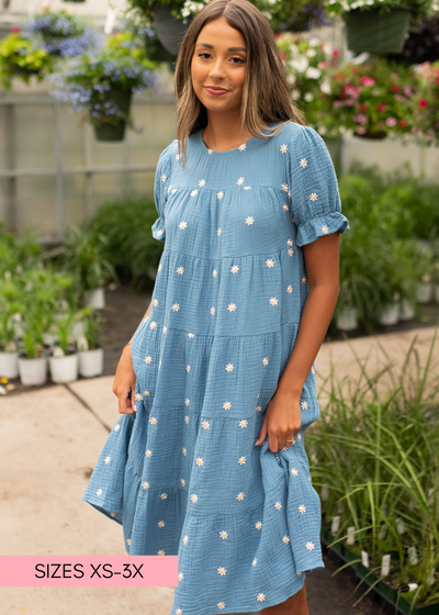 Blue floral dot dress with white daisies