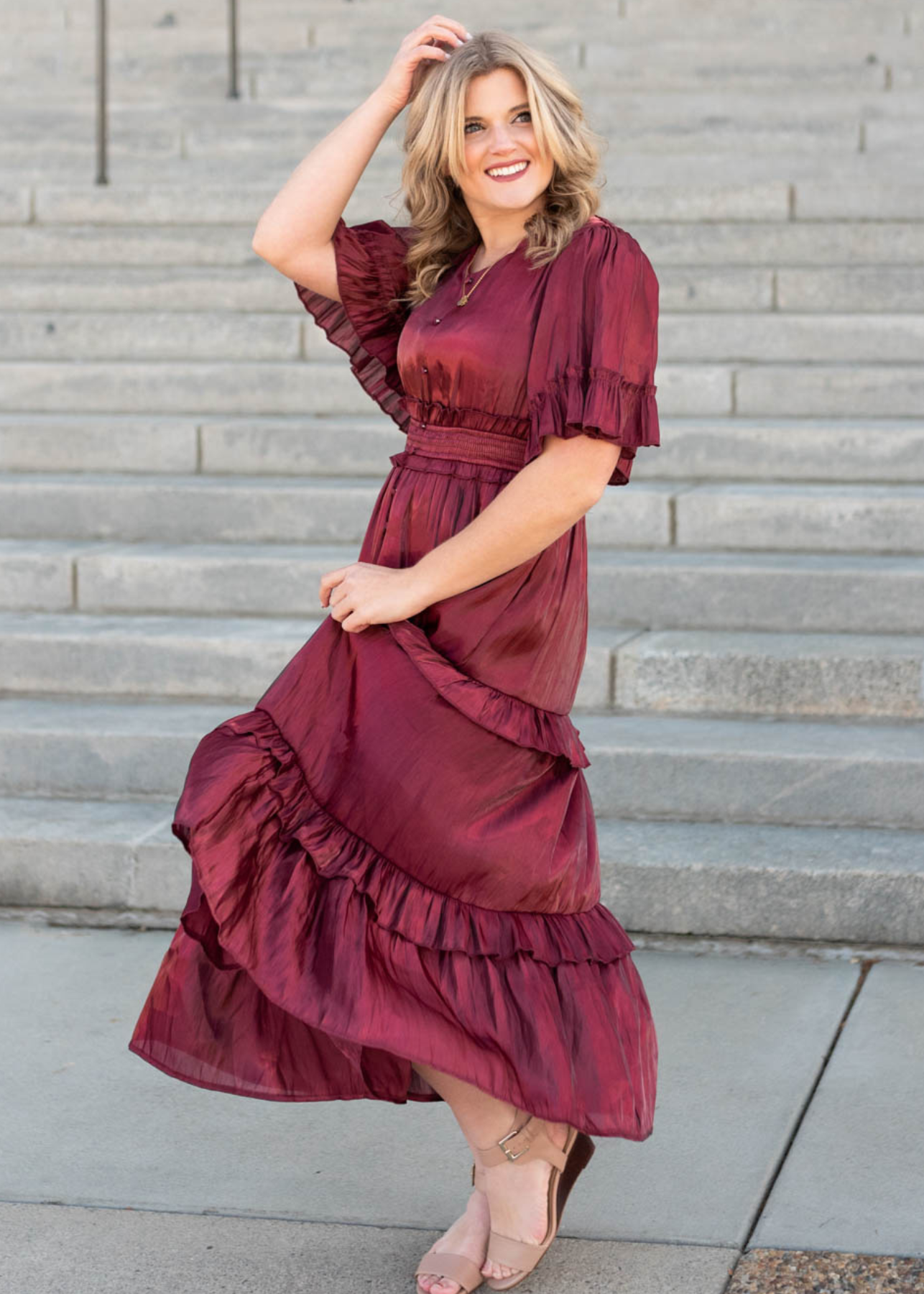Short sleeve burgundy ruffle dress