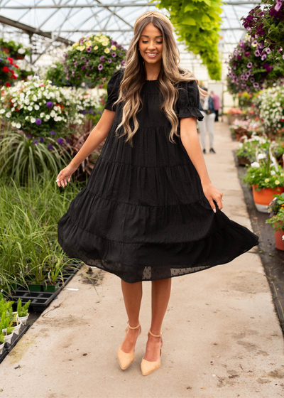 Black dot midi dress with short sleeves