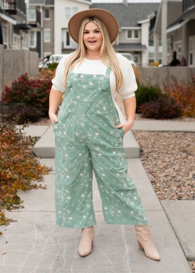 Plus size green embroidered overalls with pockets