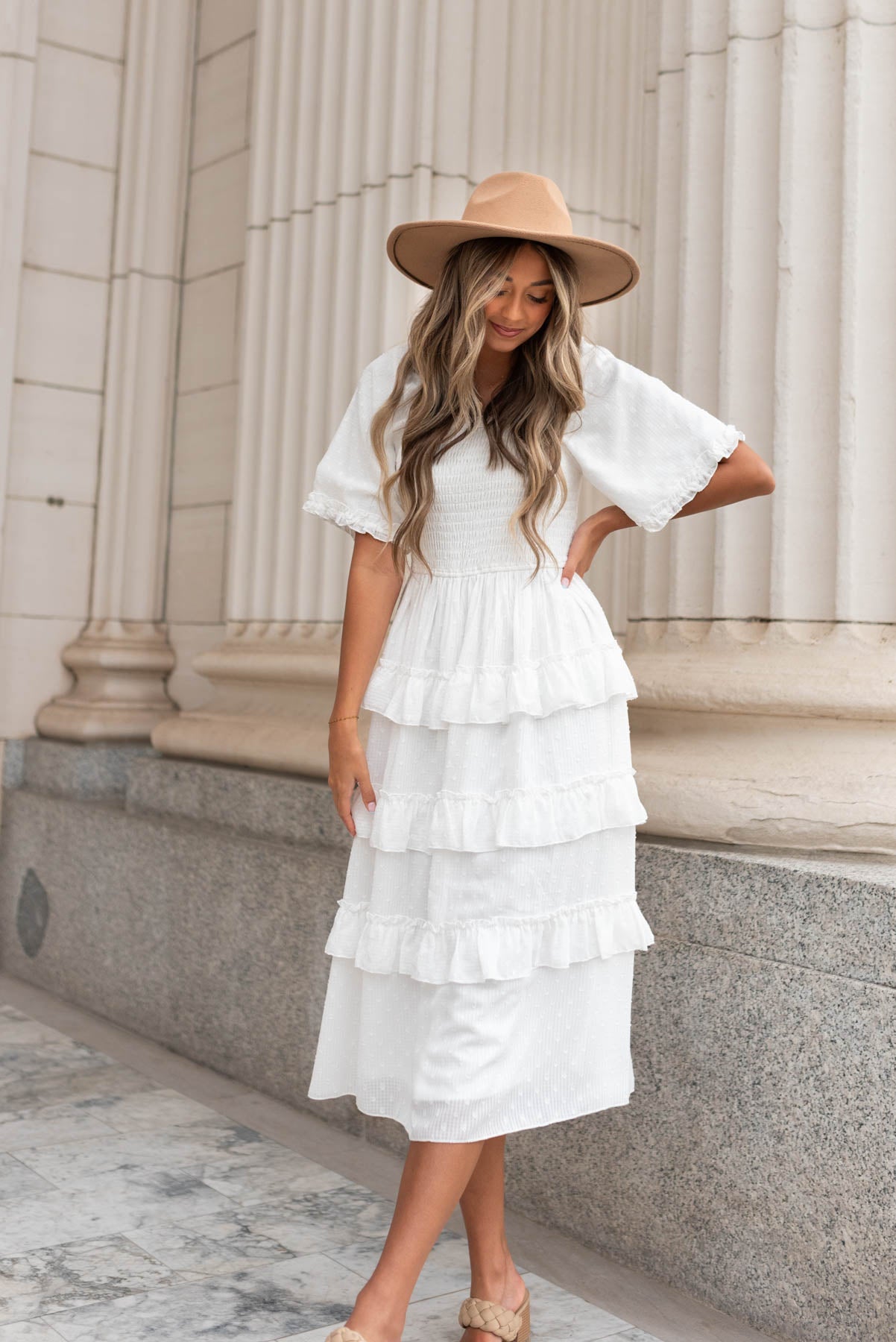 White tiered textured dress with short sleeves