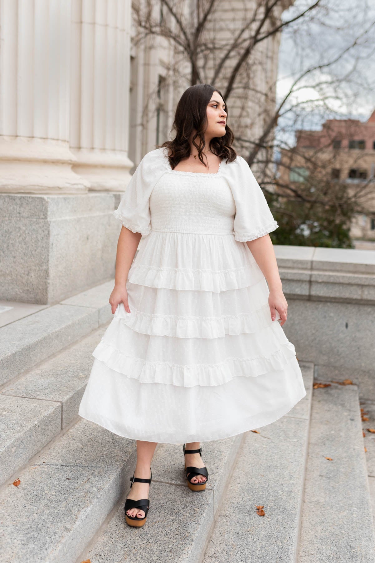 Plus size white tiered textured dress with smocked bodice