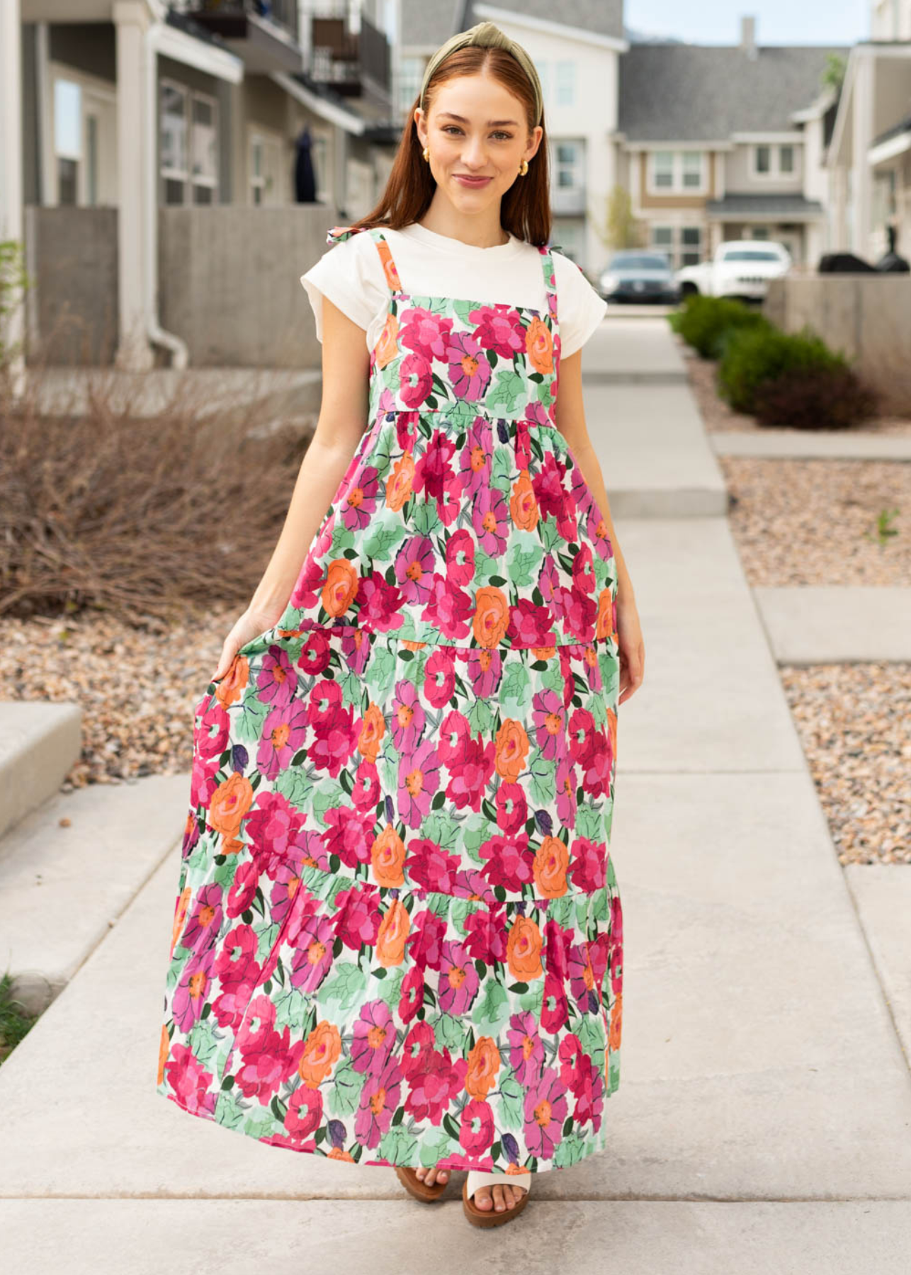 Multi floral tie dress with tiered skirt