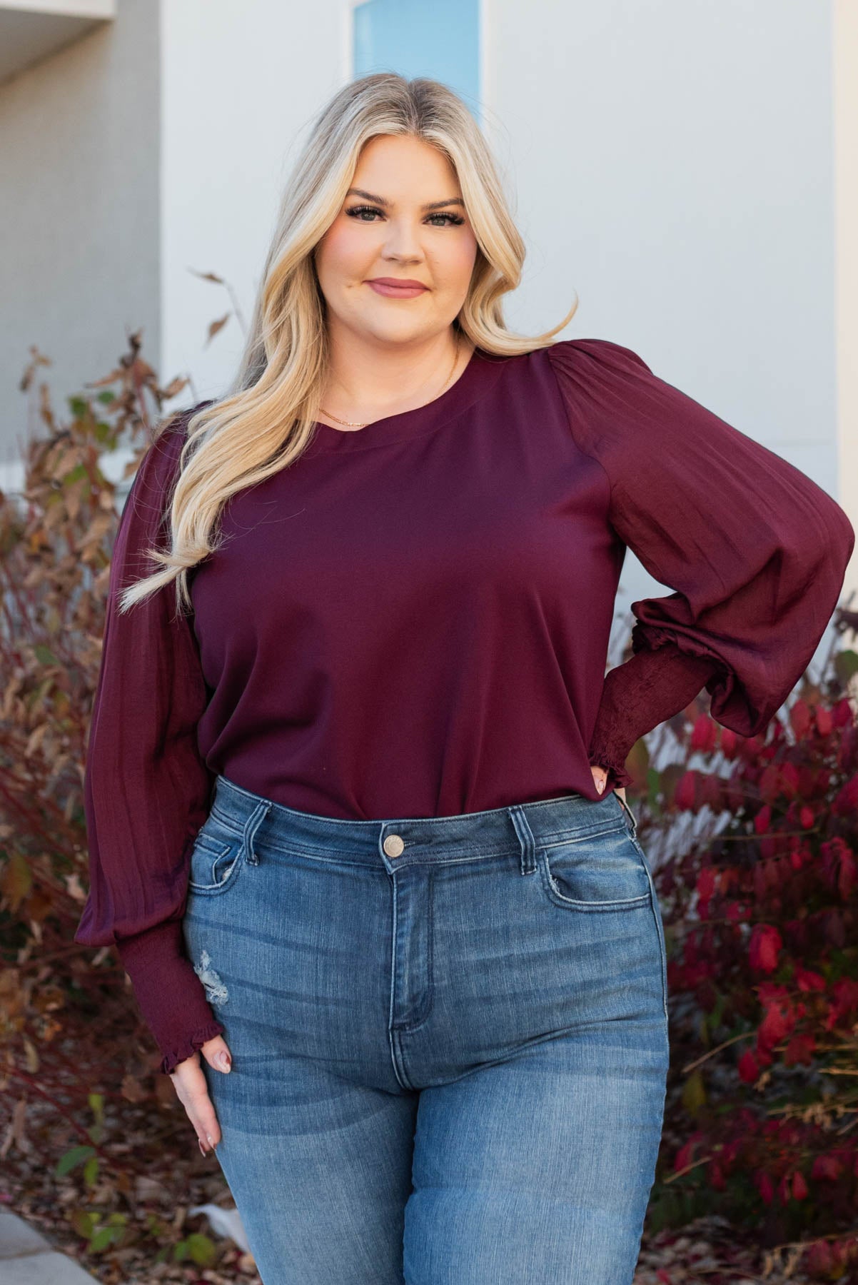 Plus size wine satin sleeve blouse with wide cuffs
