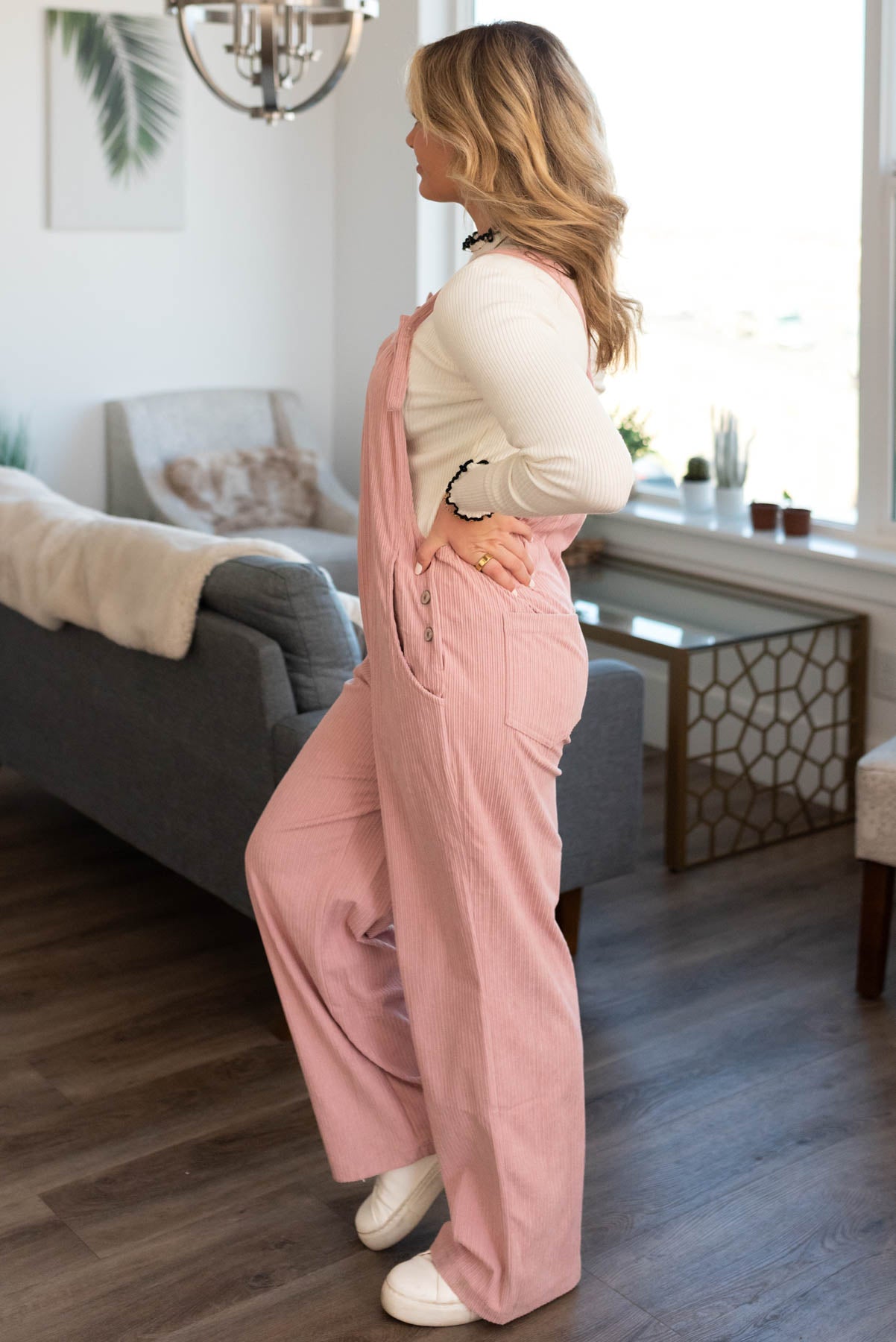 Side view of dusty pink overalls