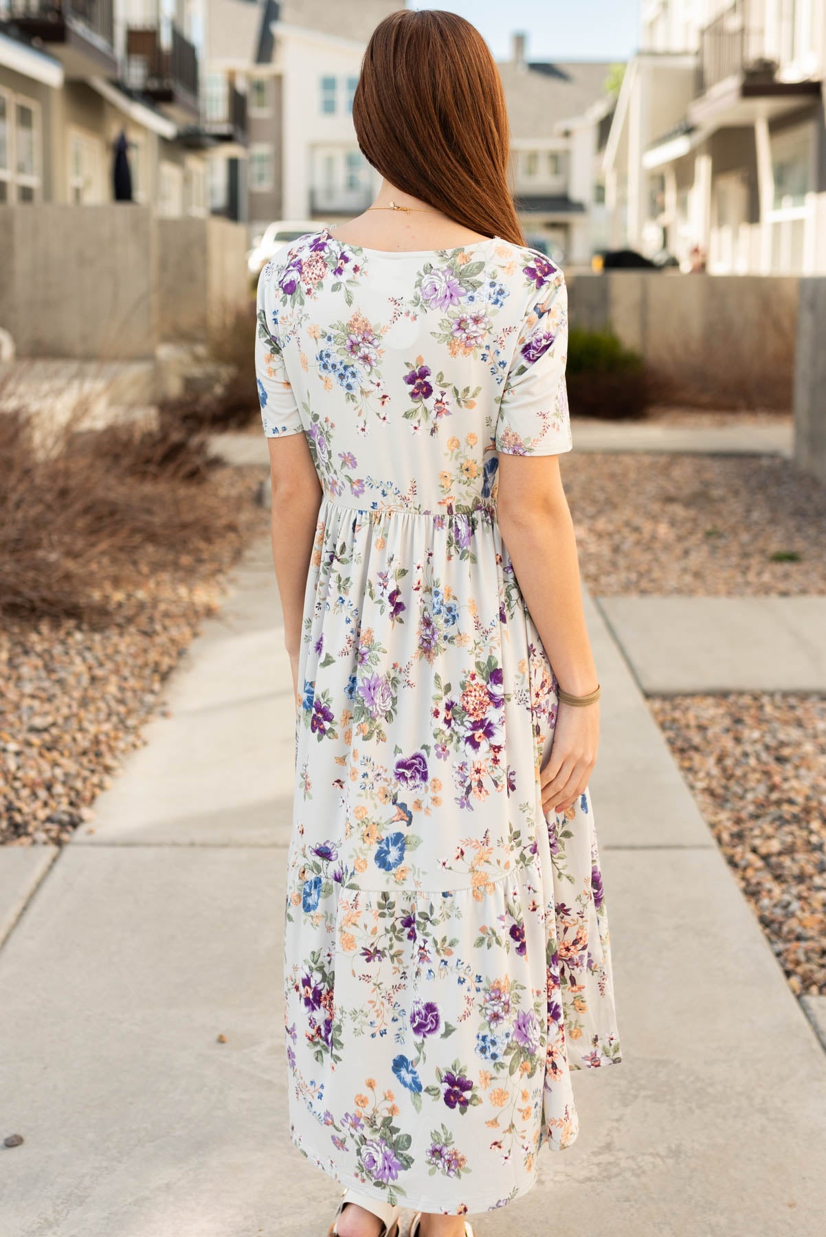 Back view of the grey floral dress