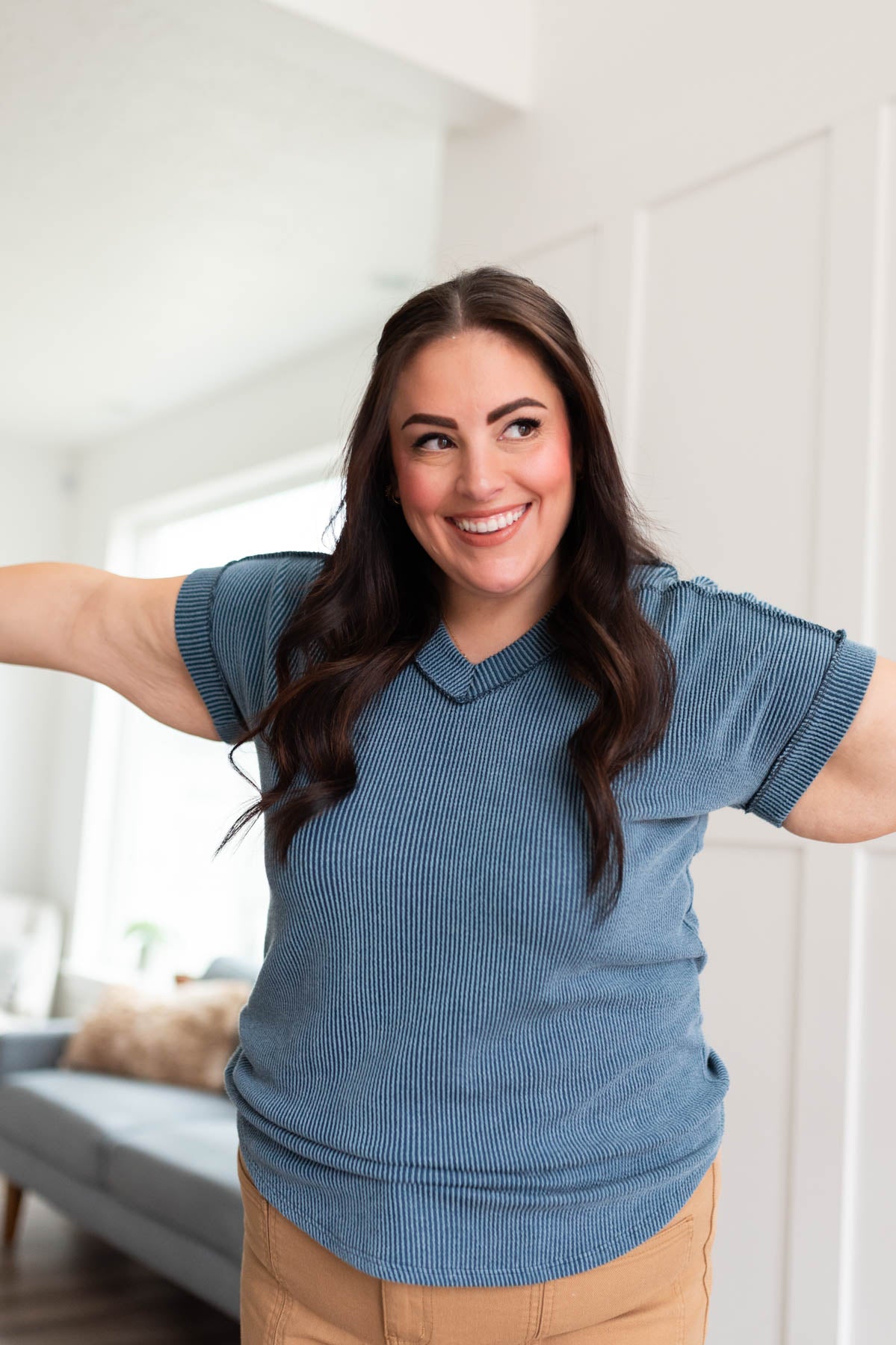 Plus size navy ribbed top with short sleeves