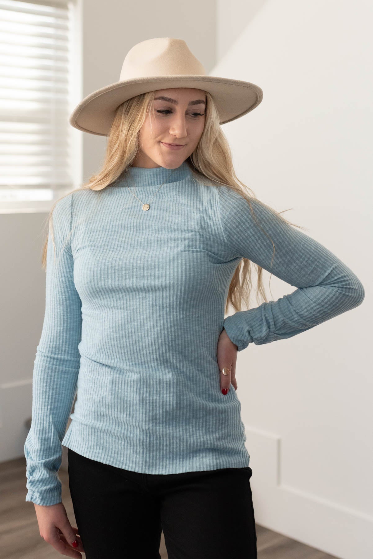 Sky blue top with mock turtle neck and long sleeves