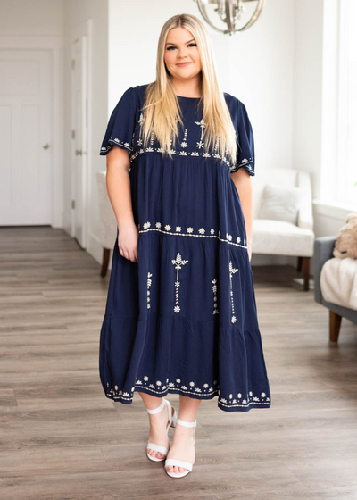 Short sleeve plus size navy embroidered dress