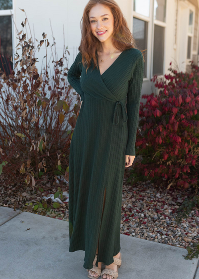 Faux wrap style hunter green textured maxi dress
