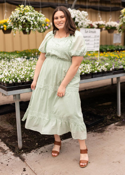 Plus size sage eyelet tiered dress with short sleeves