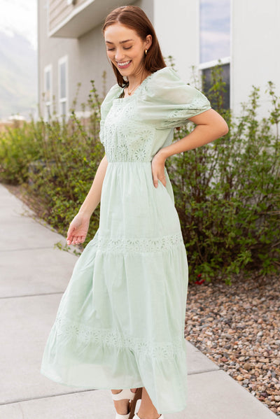 Side view of the sage eyelet tiered dress