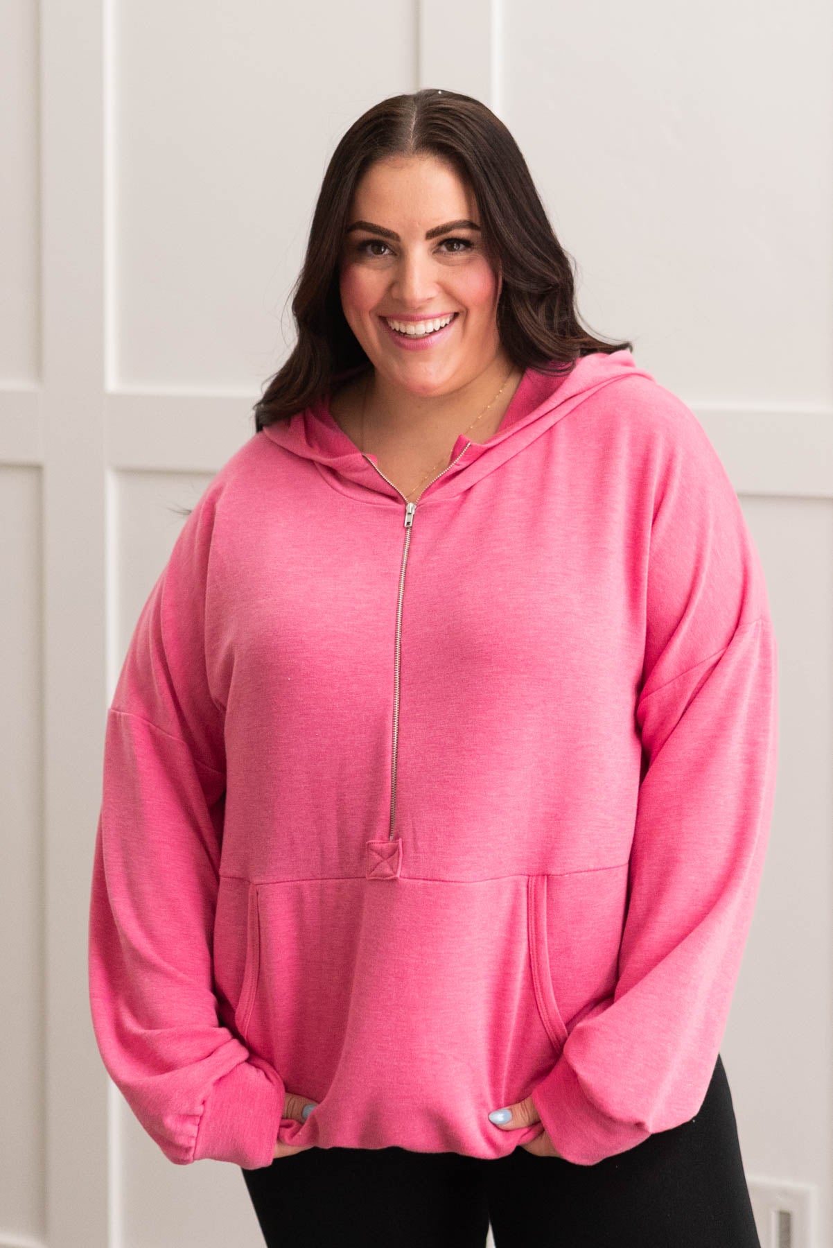 Plus size hot pink half zip pullover with front pockets
