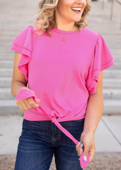 Short sleeve hot pink top that ties at the waist
