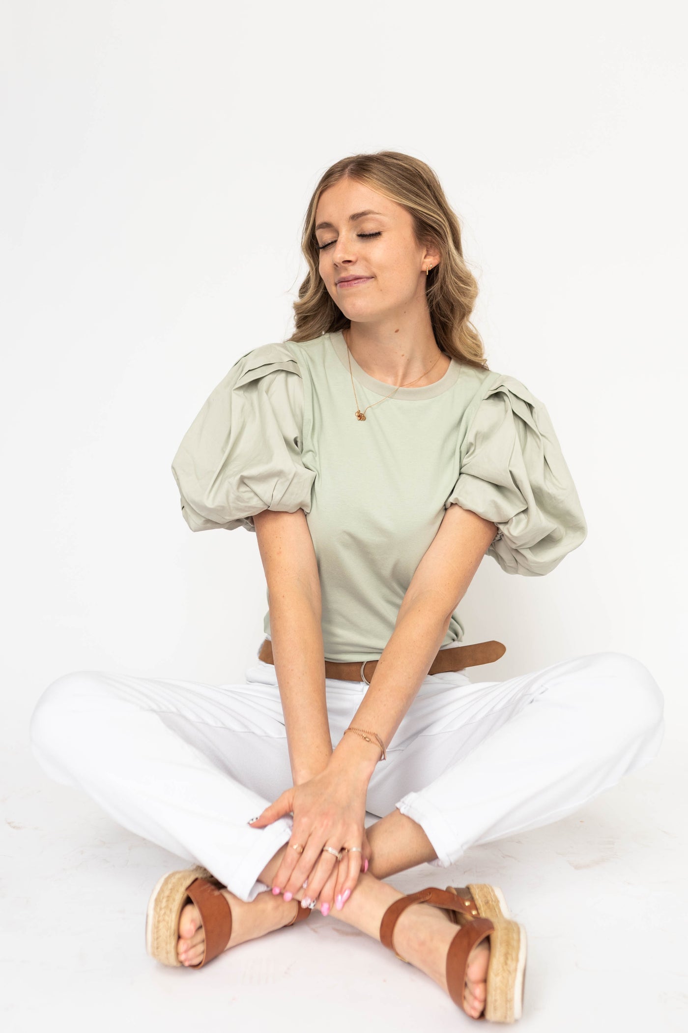 Light sage top with full cotton short sleeves
