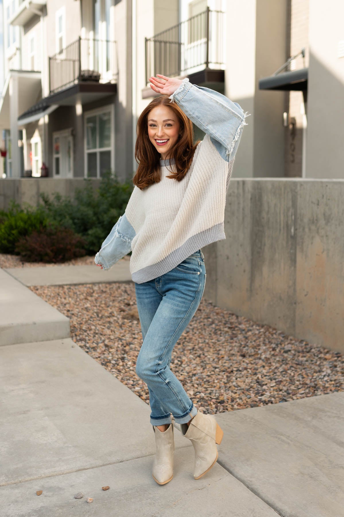 Grey sweater with ivory front and long denim sleeves