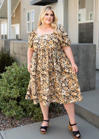 High waisted plus size brown floral dress