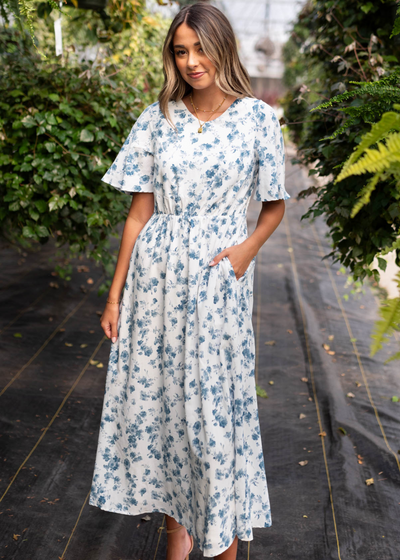 Ivory blue floral dress with pockets