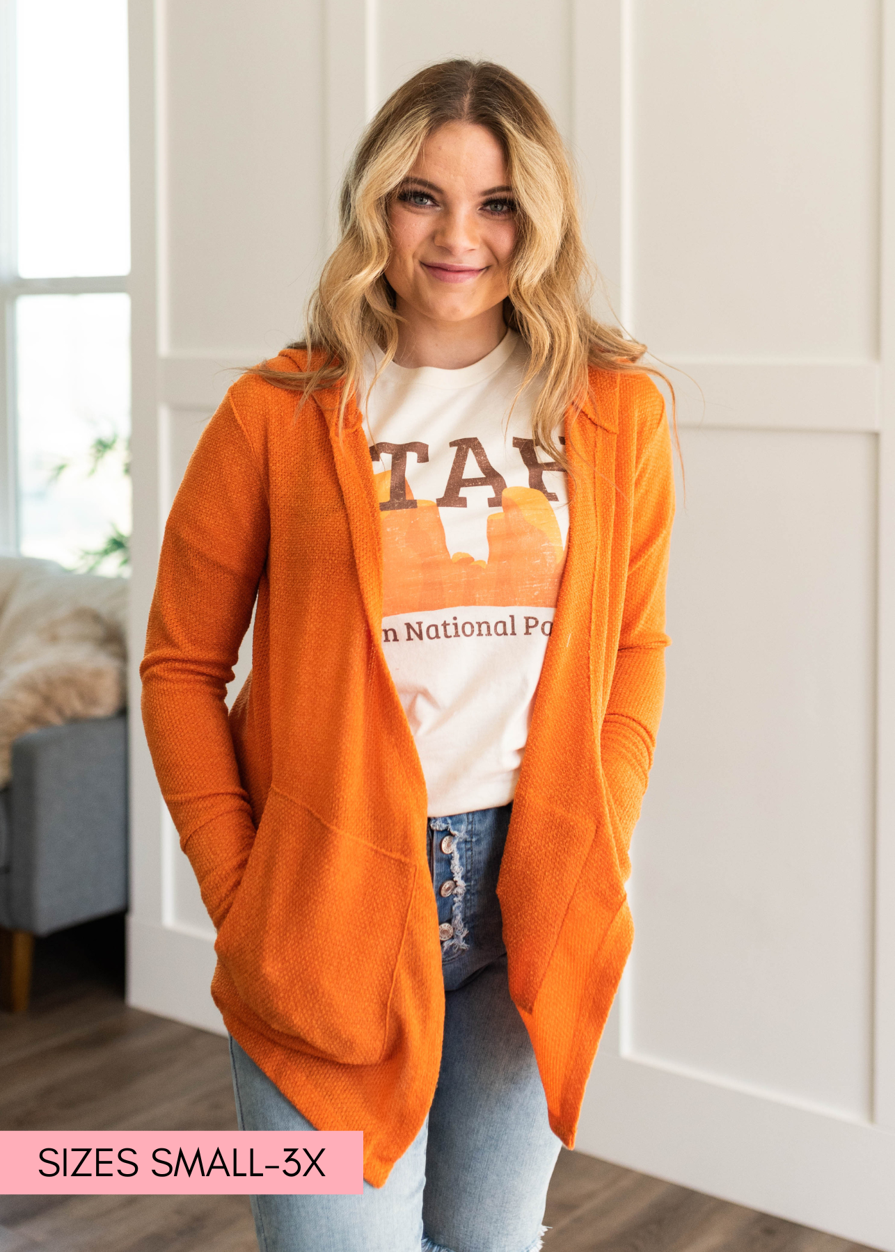 Apricot orange cardigan with front pockets