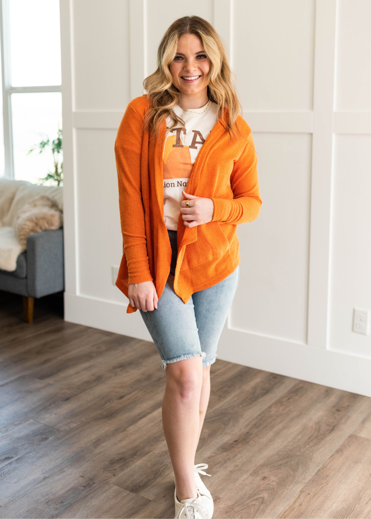 Apricot orange cardigan with long sleeves