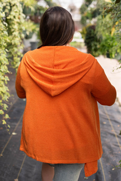 Back view of the plus size apricot orange cardigan with a hood