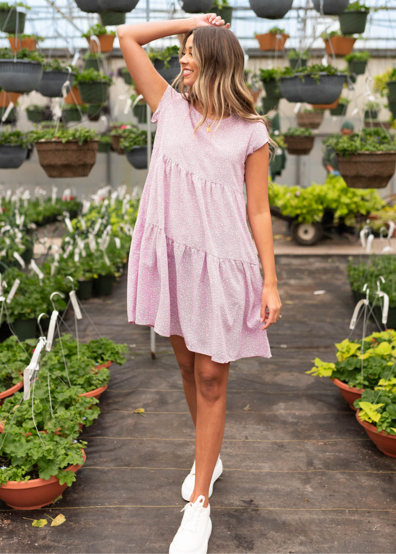 Above the knee lilac floral tiered dress with short sleeves