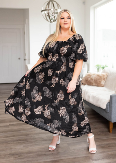 Plus size black pattern dress with blush flowers